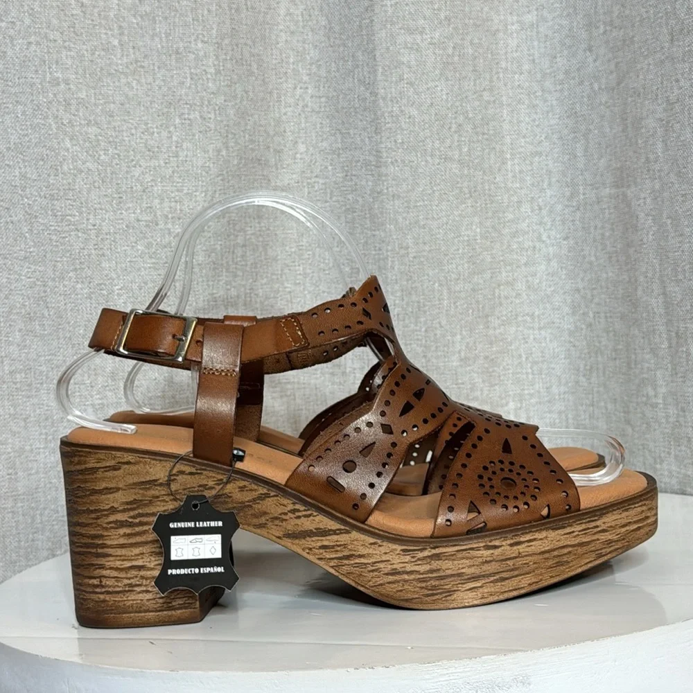 ERIC MICHAEL WHITNEY  COGNAC LEATHER LASER CUT PLATFORM BOHO SANDALS NIB EU 40